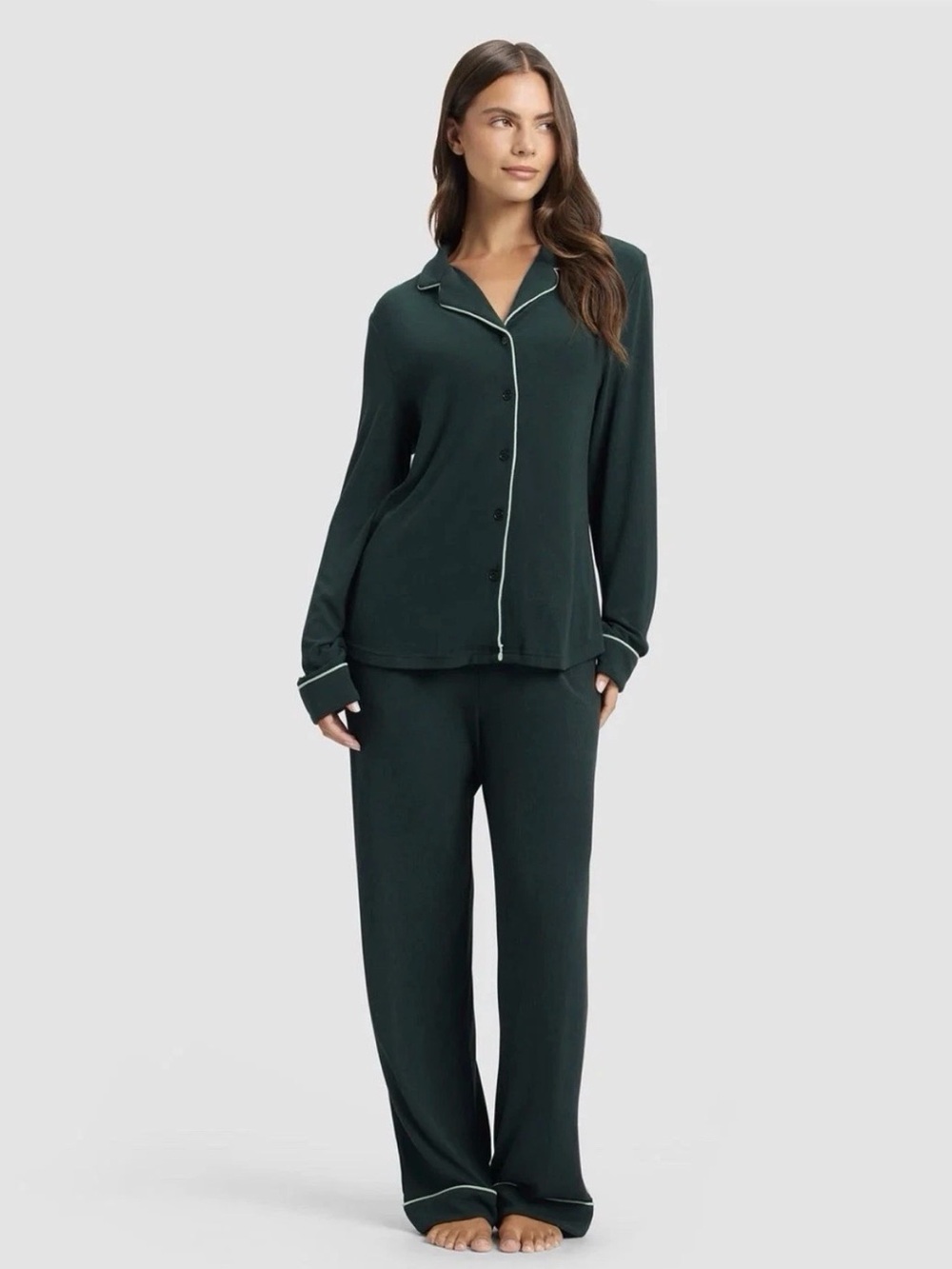 Cozy Earth Bamboo Rib-Knit Classic Long Sleeve Pajama Set in Spruce NWT Medium